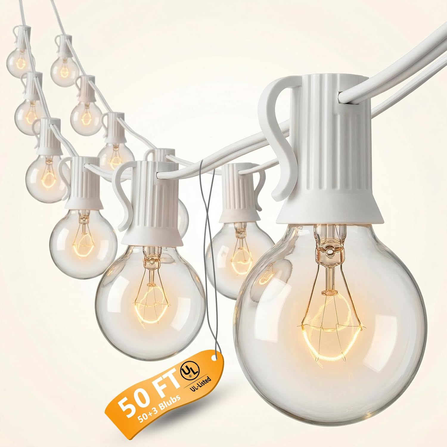50Ft Outdoor String Lights, G40 Globe Patio Lights with 53 Clear Glass Bulbs (3 Spare), Waterproof Incandescent Hanging Bistro Lights for Backyard, Balcony & Indoor Decor, White Wire