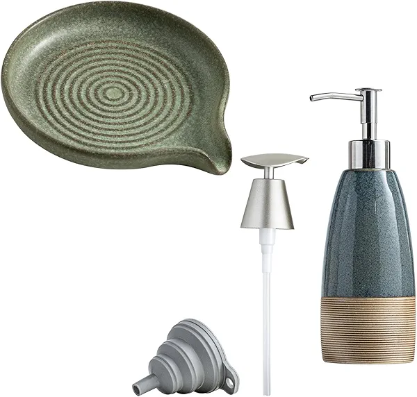 Ceramic Shower Soap Dish with Waterfall Design & 12 oz Dish Soap Dispenser with 2 Pumps, Ceramic Hand Soap Bottle for Shampoo