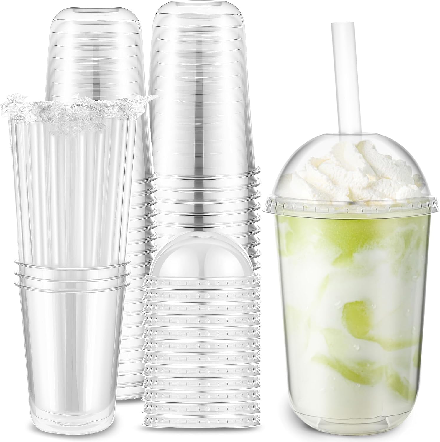 50 Set Clear Plastic Cups with Dome Lids and Straws Sturdy & Food Safe Disposable U Shaped Cups for Cold Drinks Smoothie Milkshake Bubble Tea Parfait Juice Cocktail Iced Coffee Party(16 oz)