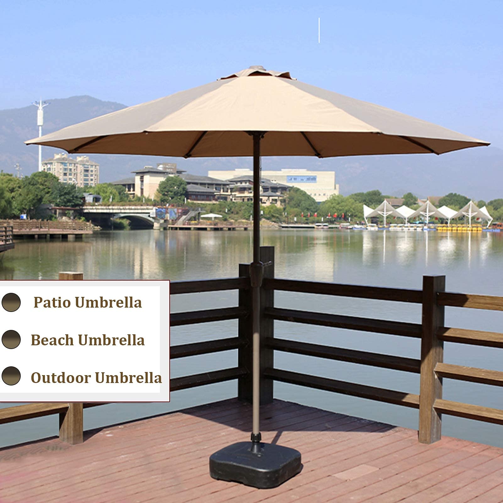Beżowy duży parasol ogrodowy - 2,7 m, 8 żeberek, zewnętrzny parasol stołowy, na podwórko przy basenie plażowym, z korbą i stalowym słupkiem