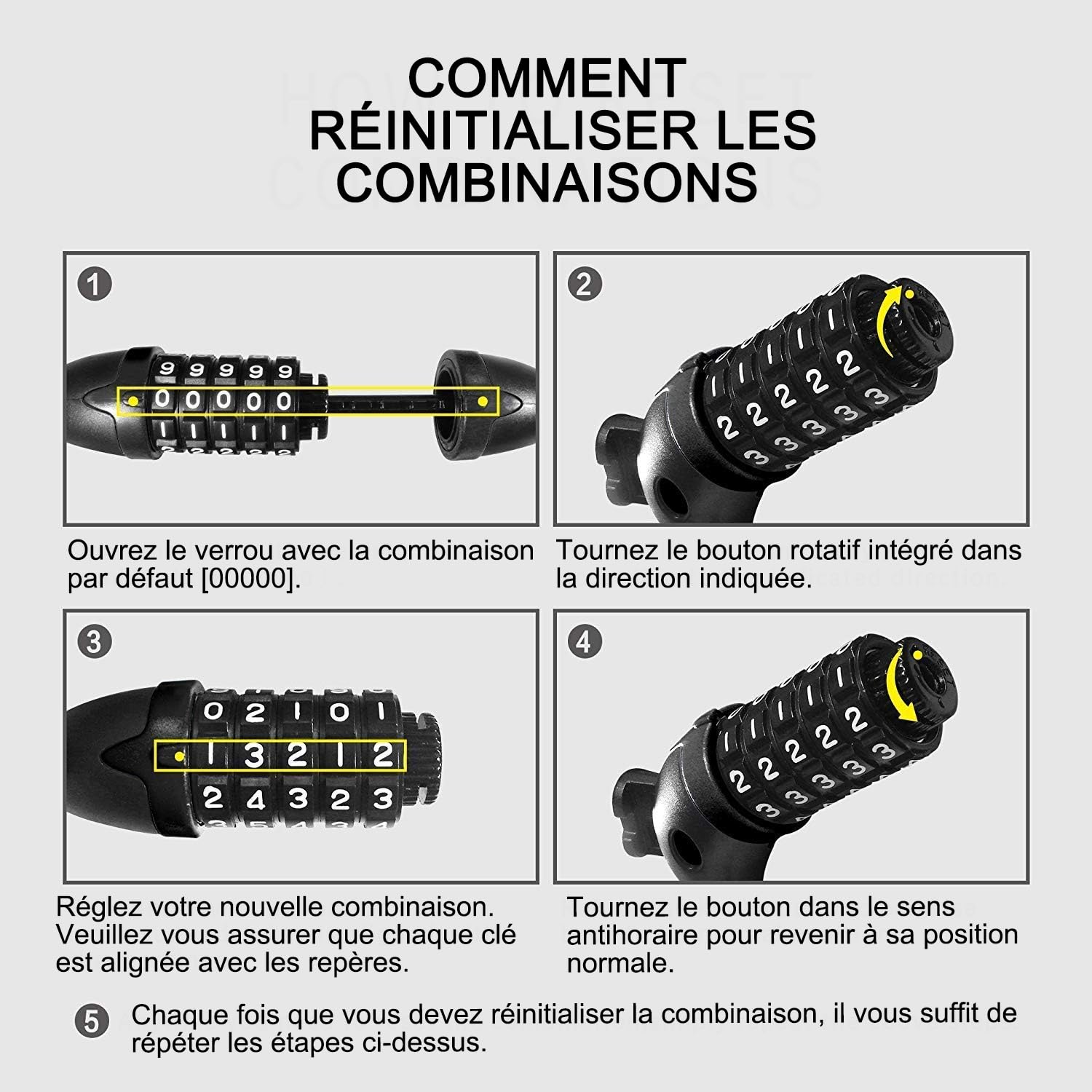 REHKITTZ Antivol Velo, 120 cm/12 mm, Niveau de Sécurité Très Élevé, avec Code Numérique à 5 Chiffres, Support de Vélo, Antivol pour Vélo, Tricycle, Scooter, Vélo