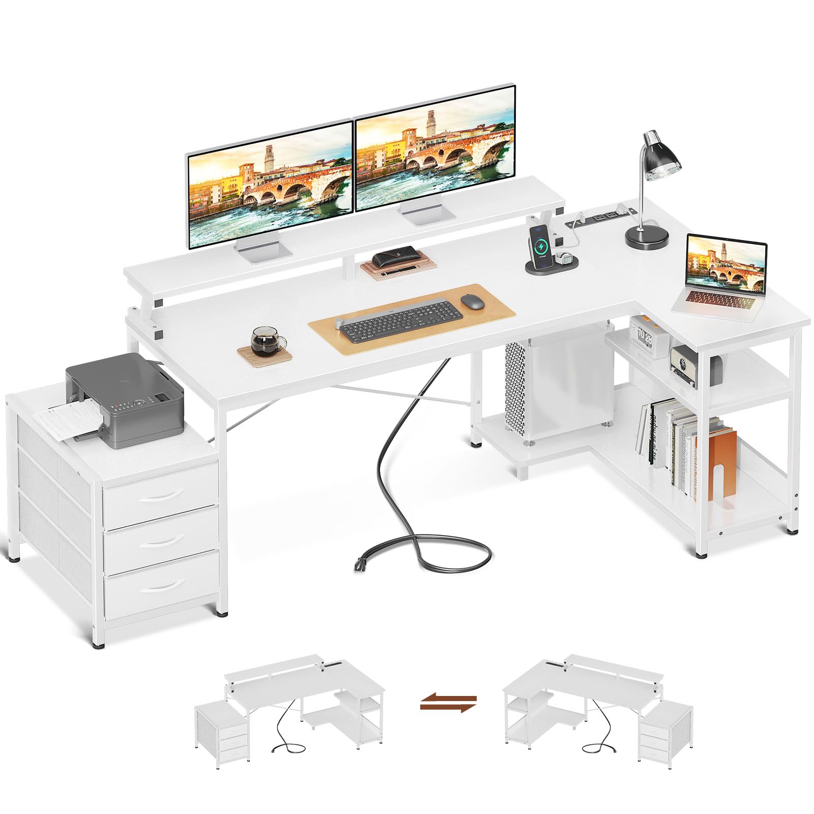 AODK L Shaped Computer Desk with Power Outlets & 3 Cloth Drawers, Reversible Office Desk with Shelves & Monitor Stand, Corner Desk with USB Ports, Study Desk Writing Table for Bedroom, Black, 79 Inch