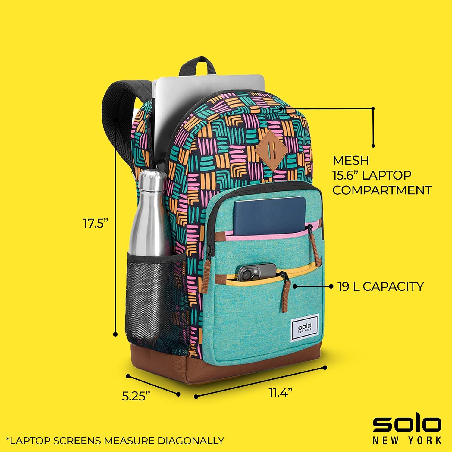 Solo New York Laptop Backpack for Women & Men - Carry On Bookbag for Travel, School, or Work, Lightweight Bag, Side Mesh Pockets, Fits 15.6" Computer - Re:Fresh, Multi-Color image 3