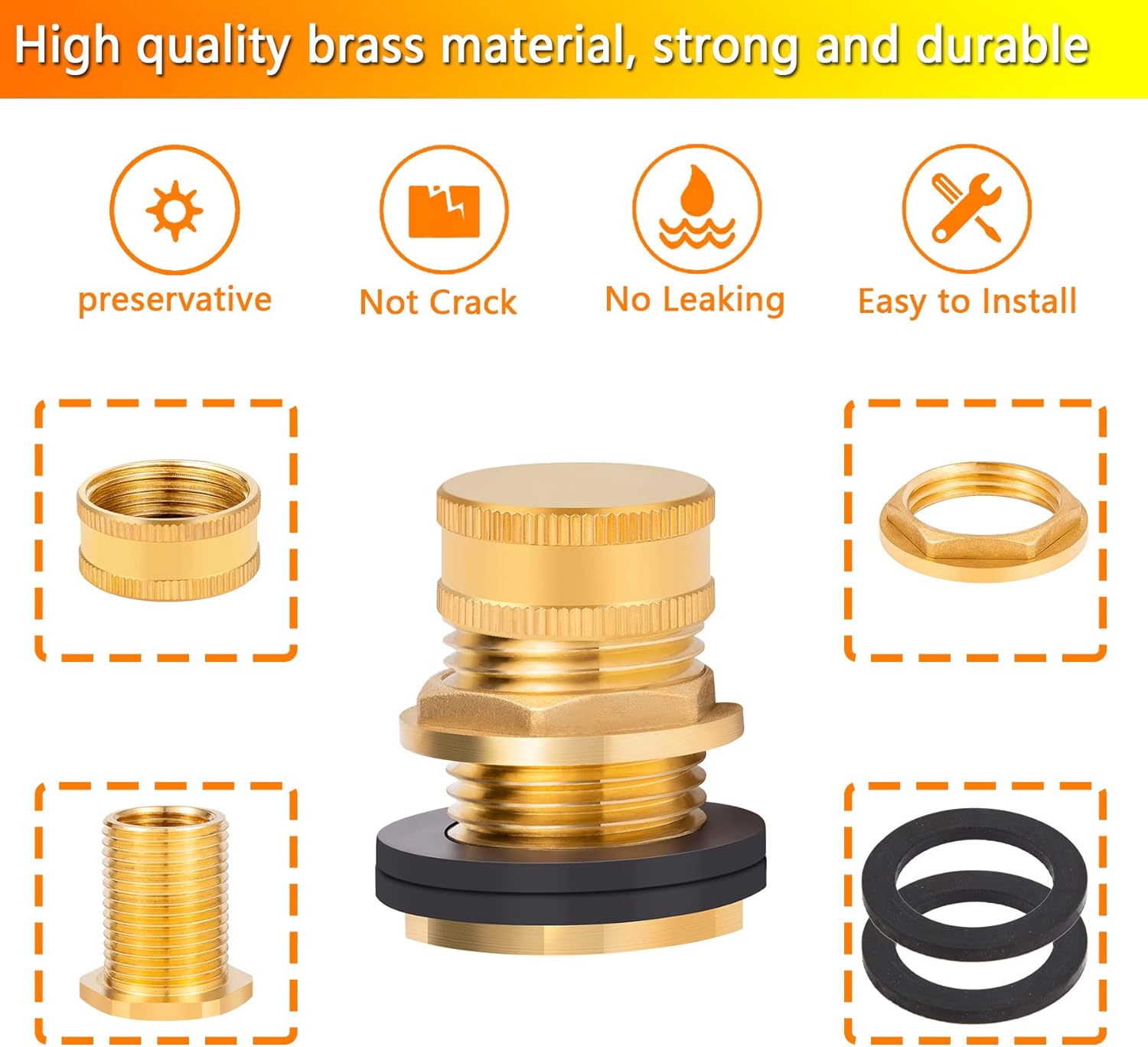 Brass Male Garden Hose Bulkhead Fitting Drain/Flush Port Kit 1/2" Female 3/4" Male Soild Brass Water Tank Connector Bulkhead Tank Fitting With 2 Rubber Ring Stablizing 2pcs