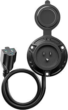 15AMP 125V RV Shore Power Inlet Charger Plug AC Port Plug with 16" Integrated Extension Cord and Water-Resistant Cap, Waterproof RV Electrical Outlet Receptacle Box Outdoor Extension Cord