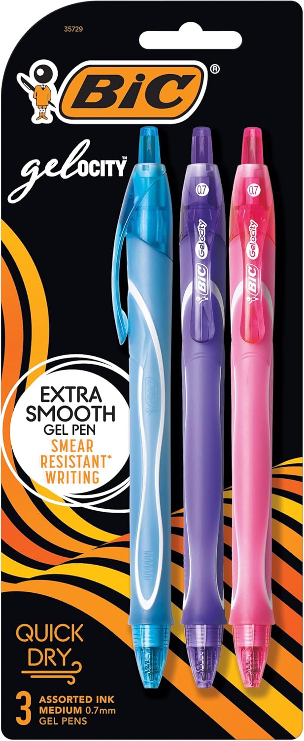 BIC Gelocity Quick Dry Gel Pens - 0.7mm Medium Point, 8 Assorted Colors, Retractable & Comfort Grip