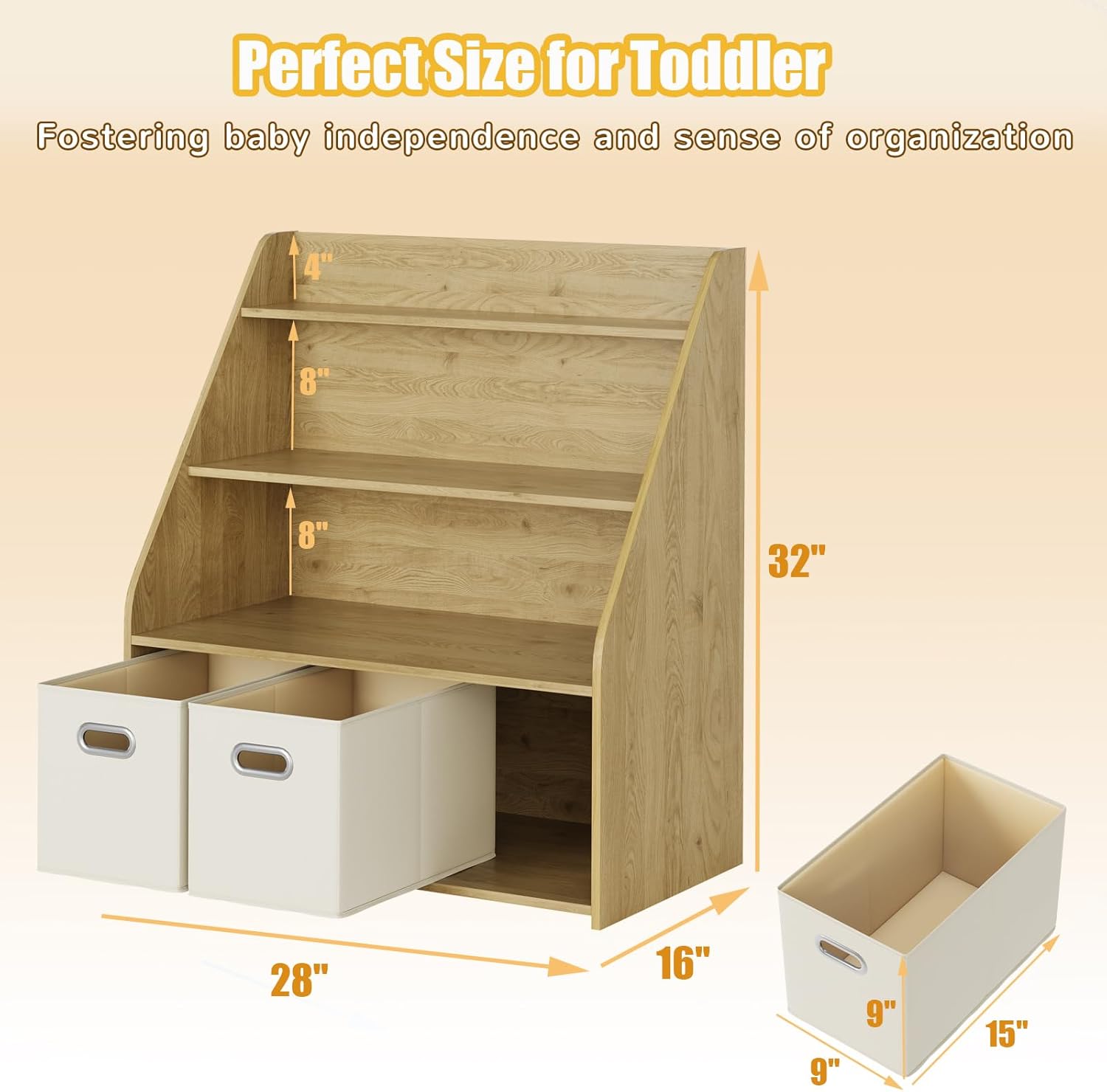 Kids Bookshelf and Toy Organizer, 3 Tier Toy Organizer Organizer with 3 Removable Drawers, Montessori Toy Rack, Kindergarten Bookshelf, Kids Room, Living Room, Nursery