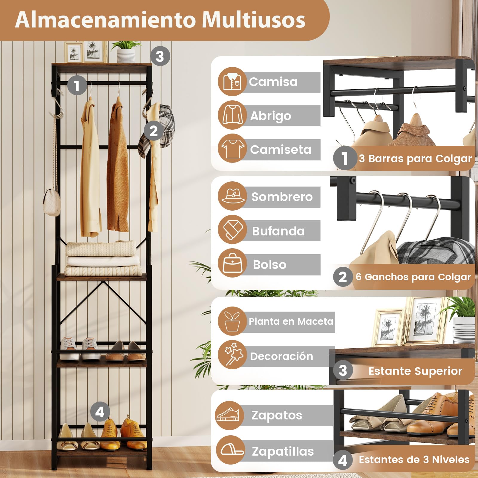 COSTWAY Perchero Burro Ropa, Perchero de Pie, 4 Estantes de Almacenamiento, 6 Ganchos y 3 Barras para Colgar, Colgador Ropa Entrada Pasillo Dormitorio, 40 x 30 x 162 cm, Industrial
