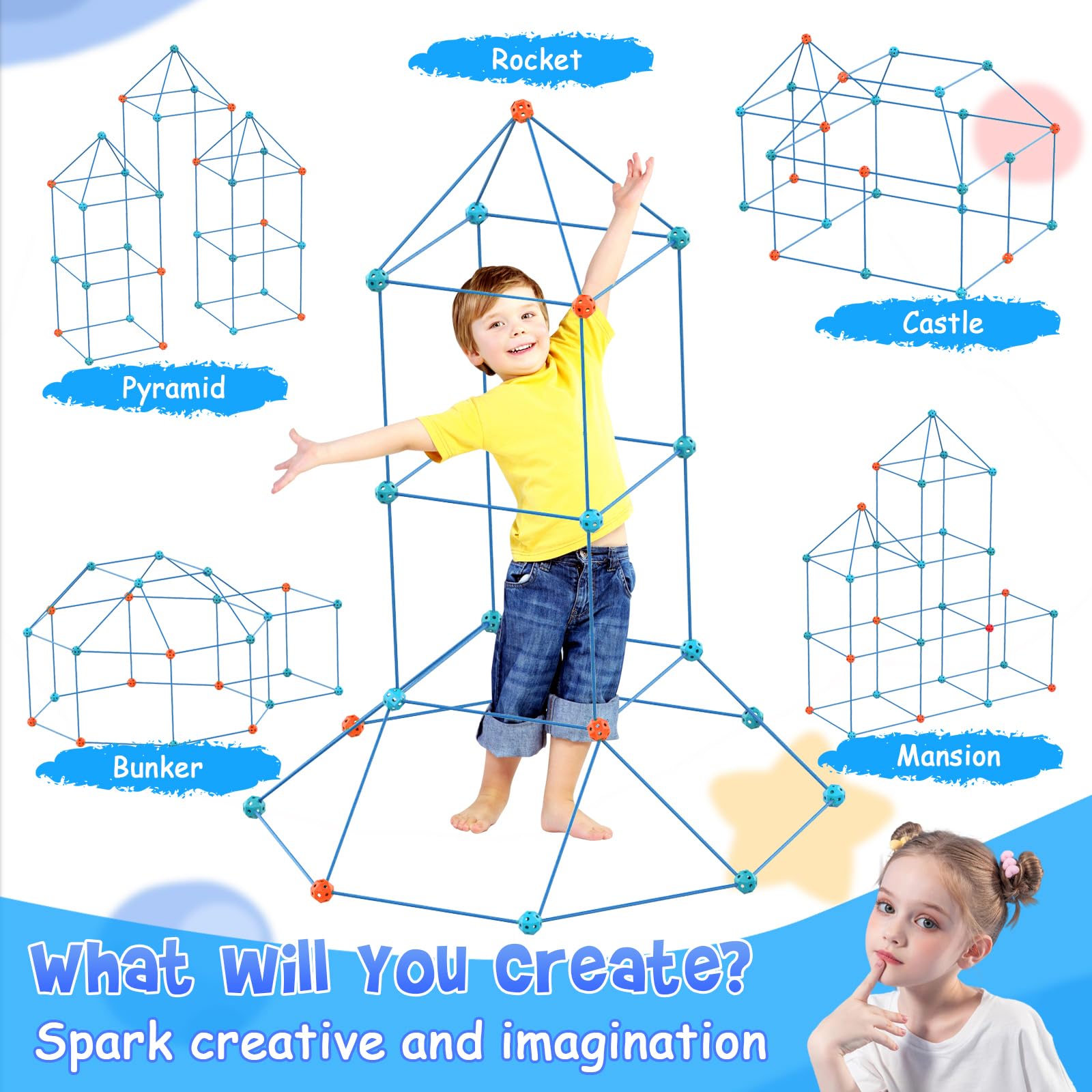Kit de construcción de fortalezas para niños, 155 piezas de juguetes STEM de construcción para interiores y exteriores para niños y niñas de 3, 4, 5, 6, 7, 8 años, lo último, para construir fortalezas 2
