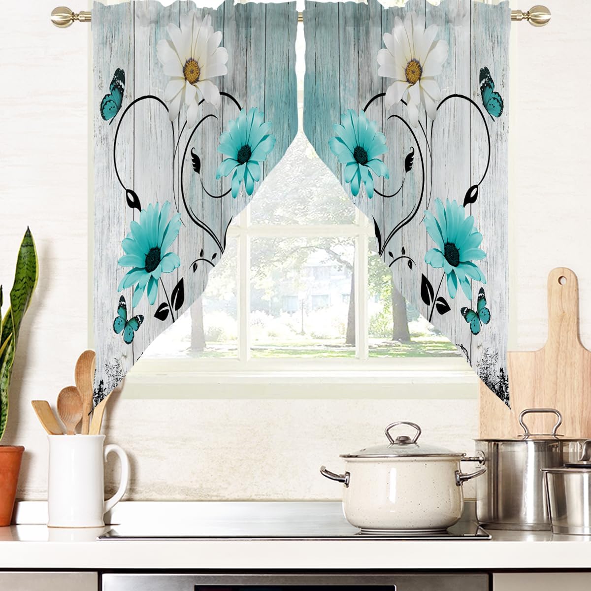 AAtter Teal Floral Kitchen Valance Curtain for Window Turquoise Aqua Flower Rustic Country Daisy Butterfly Small Short Swag Topper Bathroom Living Room Bedroom Decor Fabric 1 Pair, 28" W x 36" L, Cute