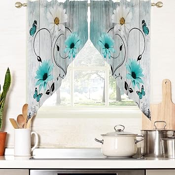 AAtter Teal Floral Kitchen Swag Curtains, Vintage, 28" W x 36" L, 2 Panels
