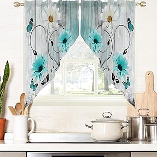 AAtter Teal Floral Kitchen Valance Curtain for Window Turquoise Aqua Flo...