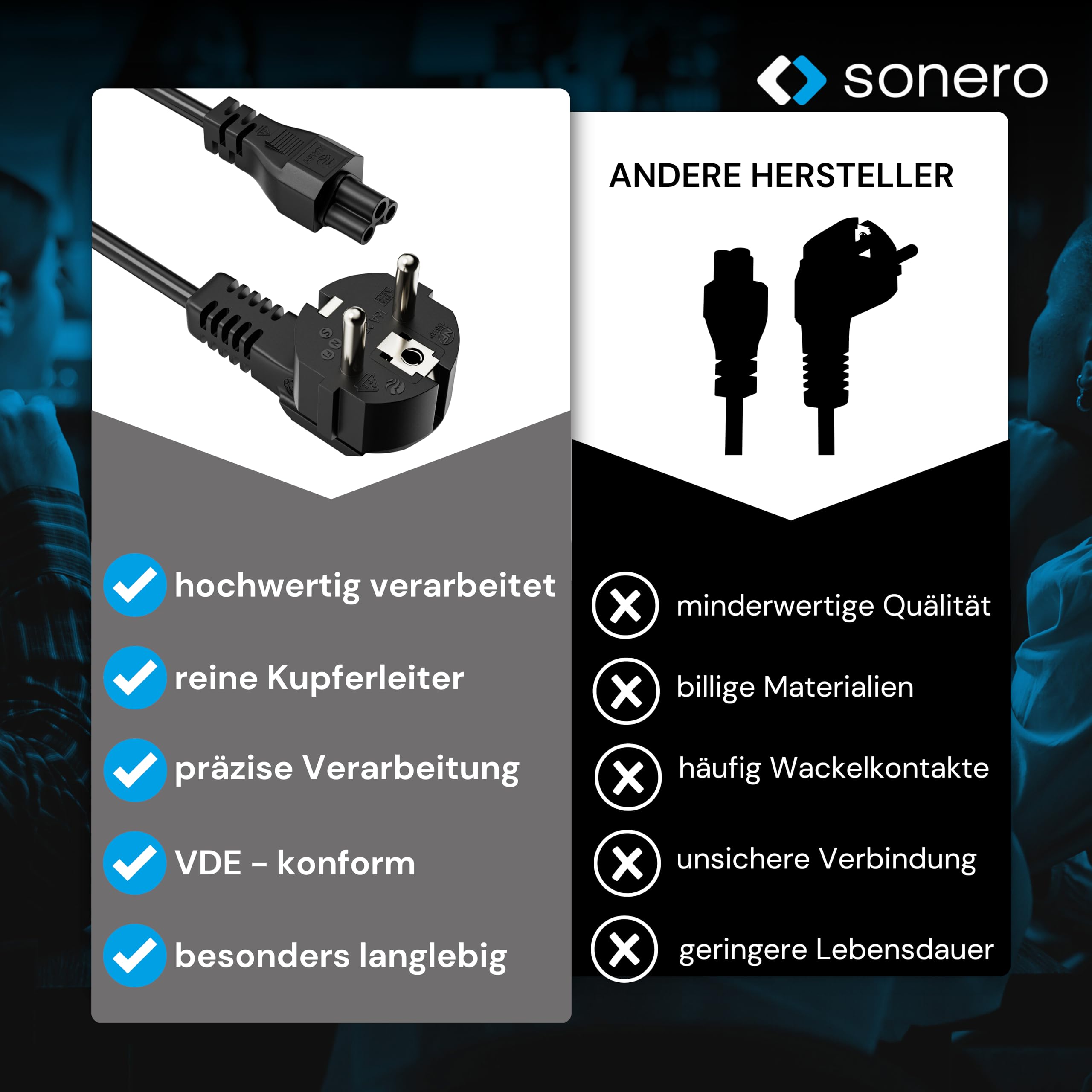 sonero Kabel zasilający 3-biegunowy, 1,0 m, wtyczka ze stykiem ochronnym, wtyczka sieciowa do gniazda C5, kabel sieciowy zasilacz sieciowy kabel zasilający do monitora PC laptopa, czarny