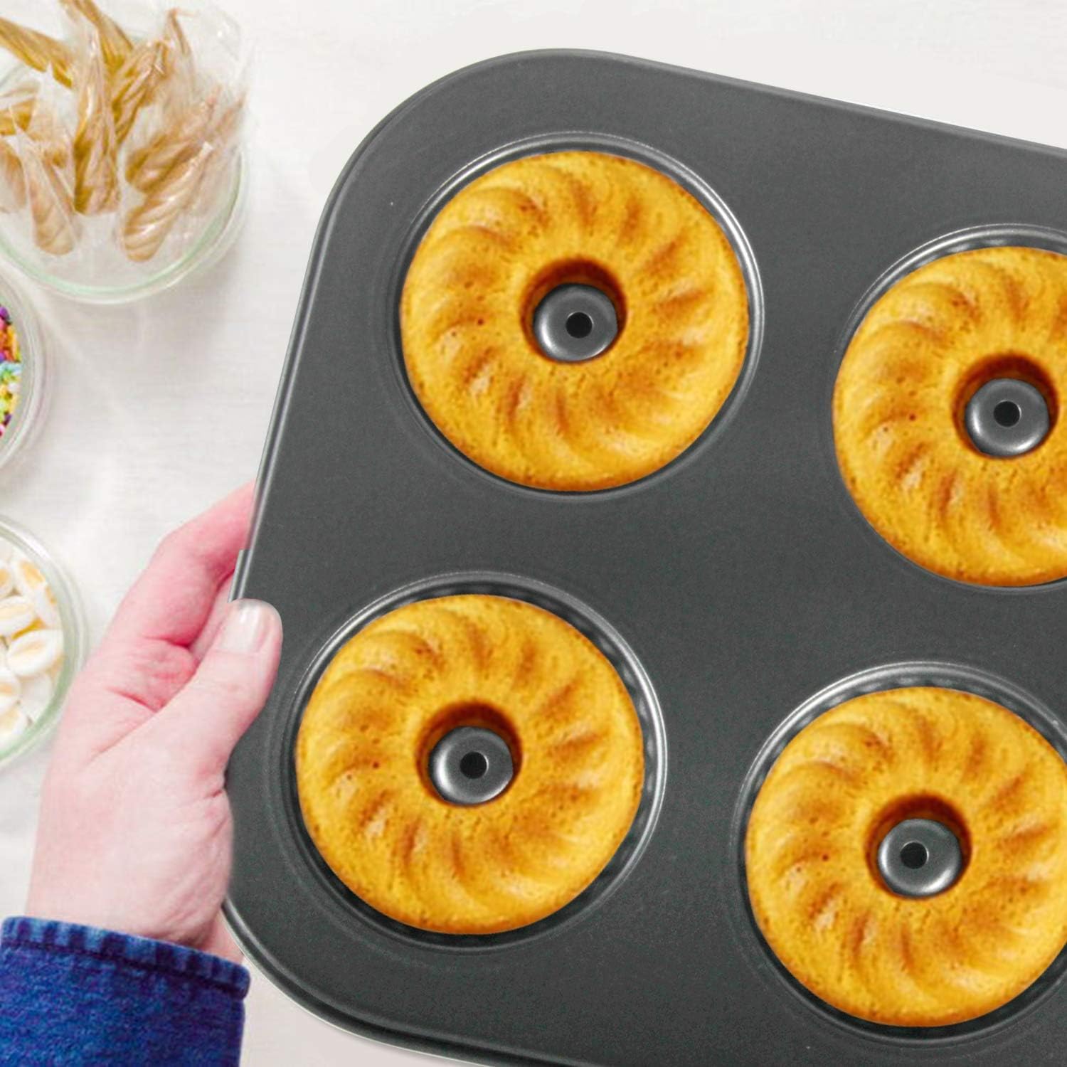 Mini Bundt Pans, OAMCEG 2 Pack 6-Cavity Mini Fluted Tube Cake Pans Non-Stick Donut Pans, High-grade Carbon Steel Bundt Pans for Baking, Bagels Doughnuts Biscuit Cake Baking Tray Maker Pan