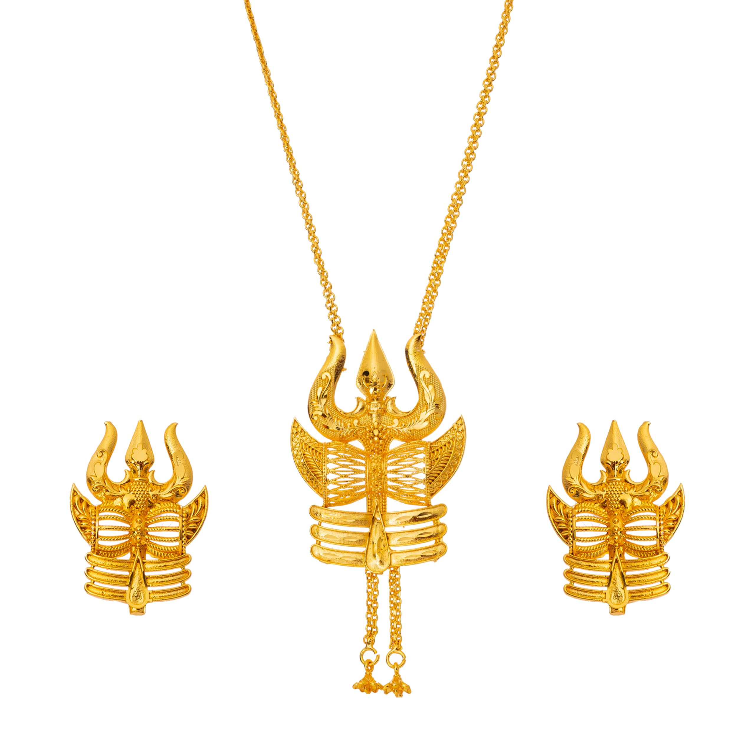Gold Plated Divine Lord Shiva Trishul and Damru Pendant Necklace Jewelry Set with Matching Trishul Earrings for Women-image-22