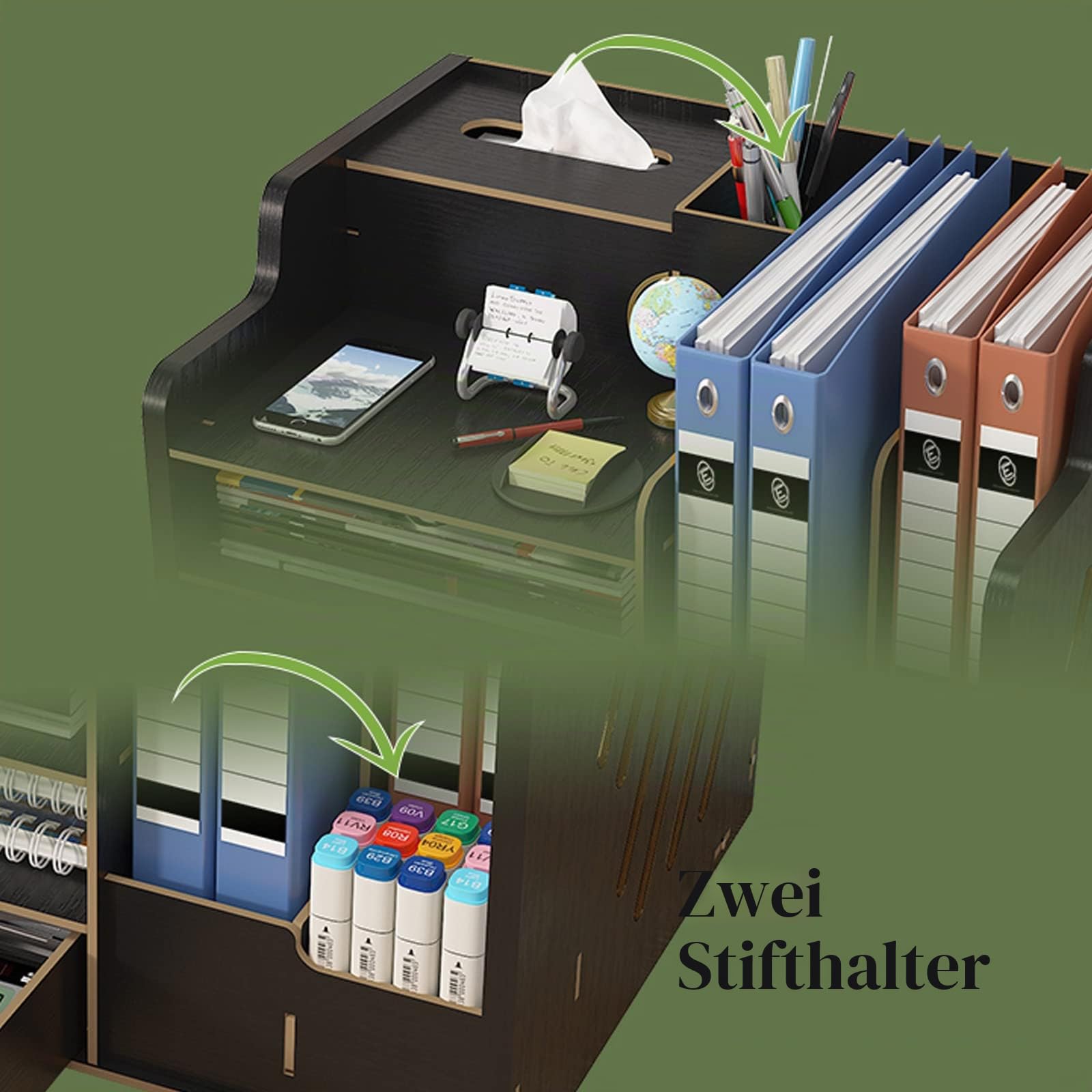 Catekro Schreibtisch Organizer Holz, Briefablage Ablagefächer mit Schublade, Bürozubehör, Ordnungssystem Büro mit Aktenhalter für Büro Bedarf Dokumentenablage Schwarz