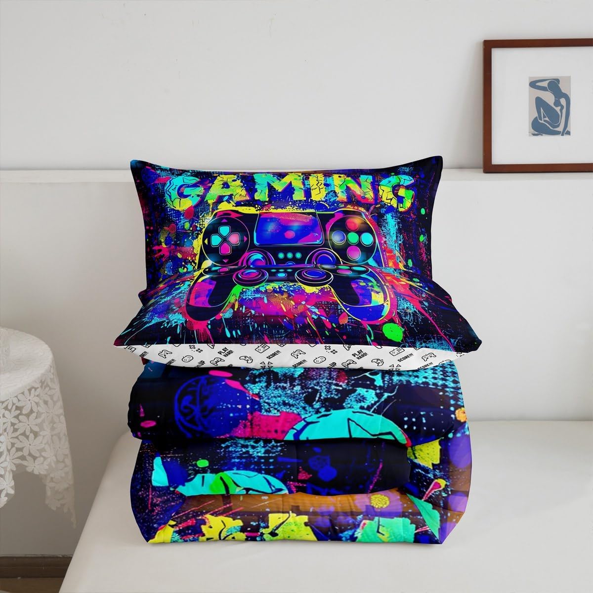 jejeloiu Game Console Comforter Set All Season Gaming Bedding Set with 2 Pillow Cases Teen Boy Room Decor Kids Full Colorful Modern Buttons Video Room Decor Controller Pattern Design Duvet Quilt image 3