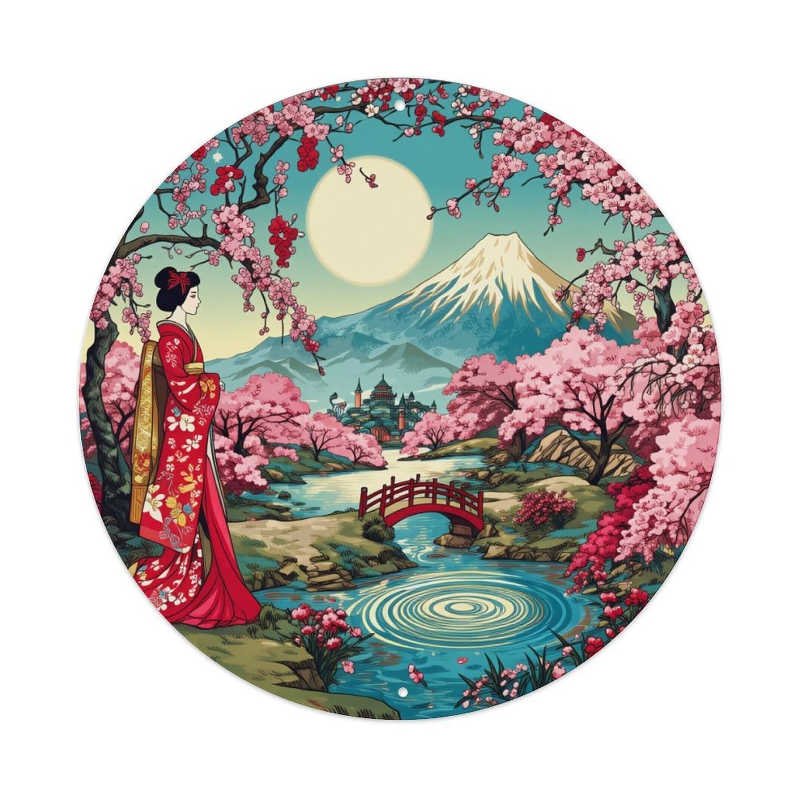 Cherry Blossom Geisha Mountain River Bridge Round Tin Sign Vintage Metal Poster, Home Bar Garage Man Cave Cafe Indoor & Outdoor Wall Decoration 8x8Inches