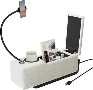 Couch Caddy with Cup Holder, 20.3 Inch White Armrest Console