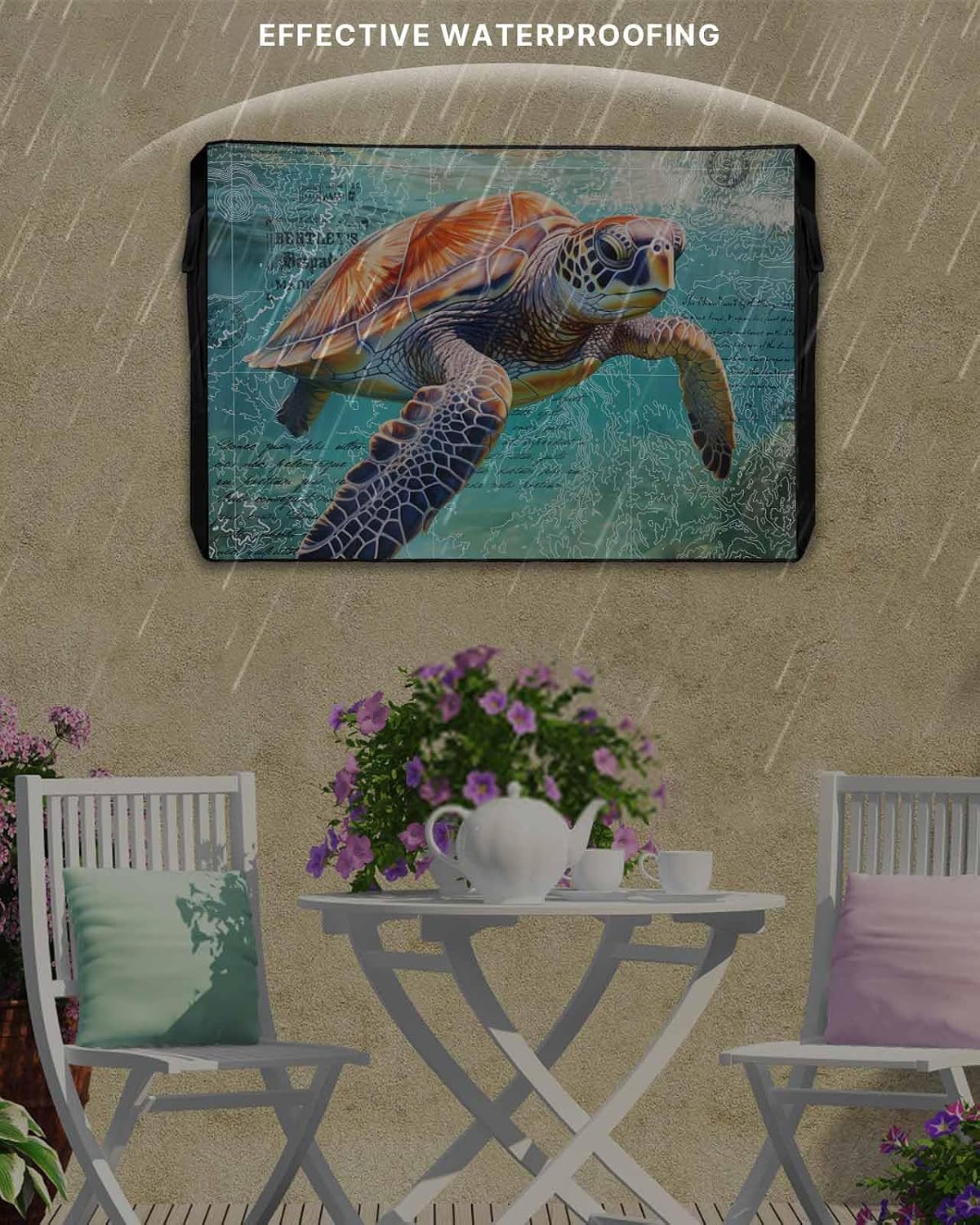 Ocean Sea Turtle Nautical Map Outdoor TV Cover 32 Inch Weatherproof, 600D Thick Waterproof Screen Protector With Zipper for 30 to 32 Inch Screens Outside image 3