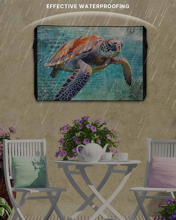Ocean Sea Turtle Nautical Map Outdoor TV Cover 50 Inch Weatherproof, TV Cover for Outside, 600D Thick Waterproof Outdoor TV Screen Protector Outside TV Cover with Zipper for 48 to 50 inch Screens by DOME-SPACE - Image 3