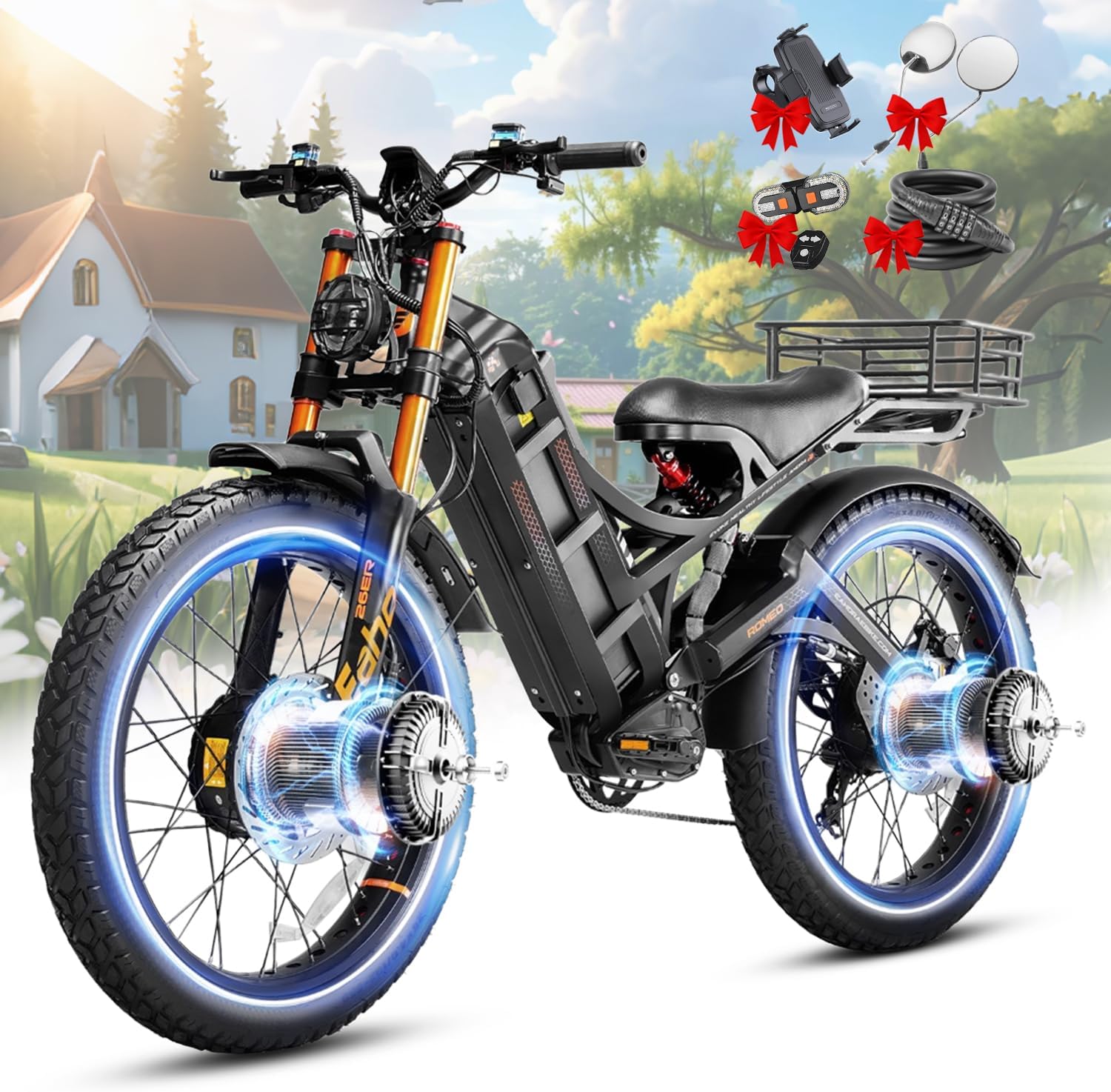 Eahora Romeo Pro Ⅲ/Ⅱ Ebike - Dual Motor 46-50MPH 5600W/4000W 60V 80Ah 200Miles Electric Bike for Adults, Long Range Electric Mountain Bike 26" Fat Tire Air Full Suspension E-Bike