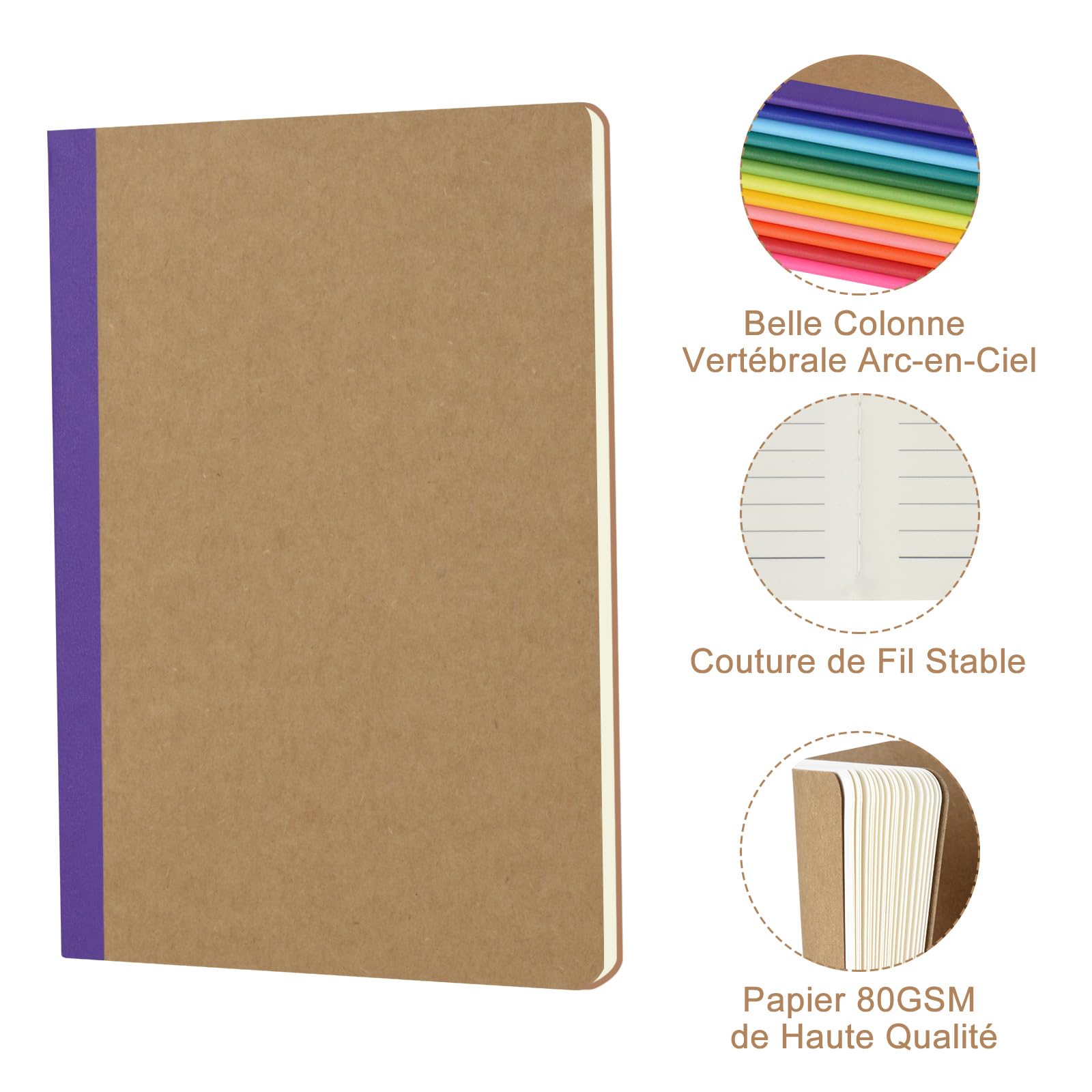Cahiers Lignés avec Dos Arc-en-Ciel, Lot de 12 Blocs Carnet de Notes, Couverture Kraft, 60 Pages