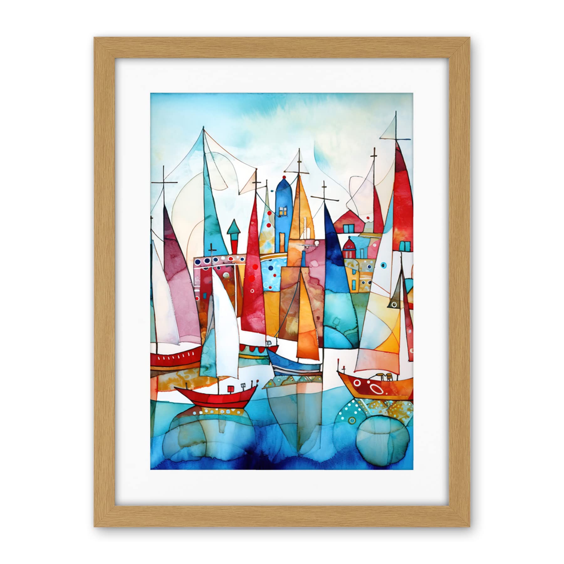 Artery8 Harbour Boats Abstract Folk Art Watercolour Painting Artwork Framed Wall Art Print 18X24 Inch