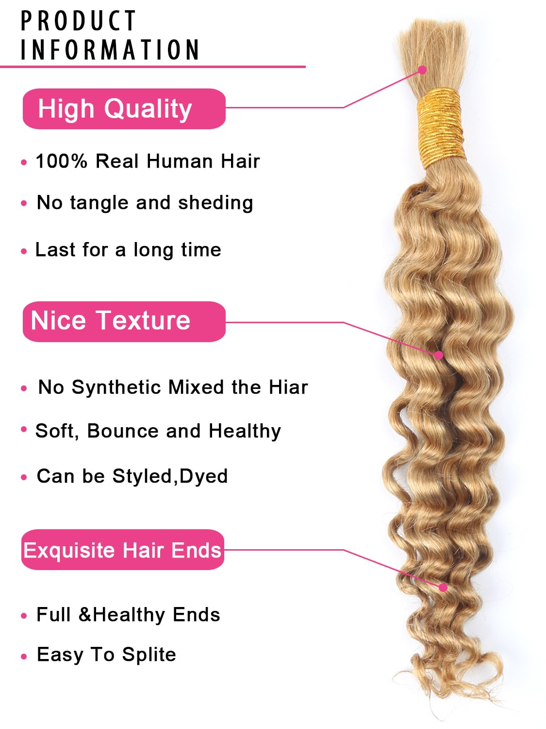 RESACA Human Braiding Hair 100g 2 Bundle 14 Inch Deep Wave Bulk Human Hair for Braiding No Weft Bundle 10A Brazilian Virgin Curly Human Hair Extensions for Boho Braids Wet and Wavy Human Hair（#27）