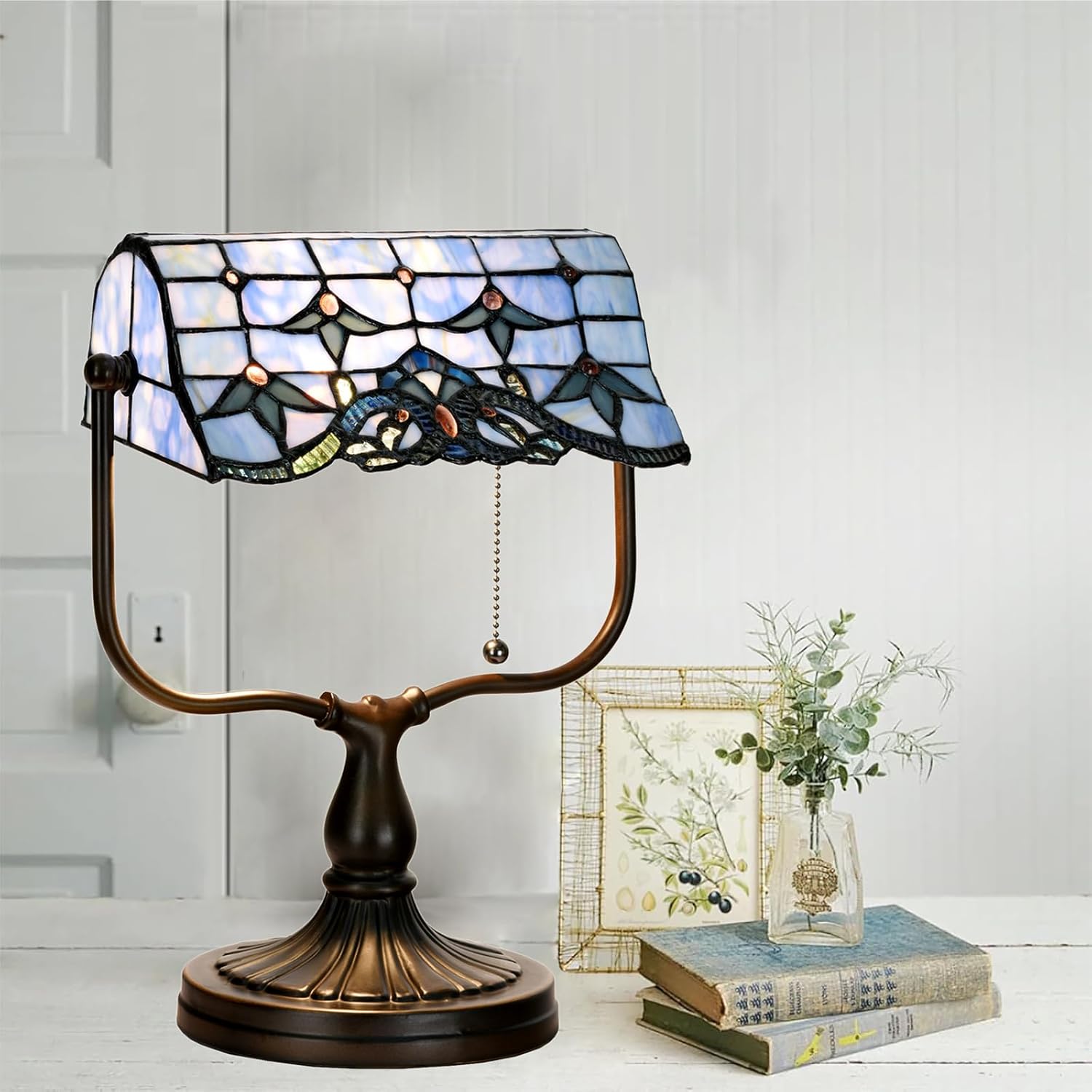 TL0031 Tiffany Banker Desk Lamp Stained Glass Blue Baroque Shade with Vintage Bronze Base W10.25 X OH13 Inch. Perfect for Piano Kitchen Beside Table, LED Bulb Included (Baroque)
