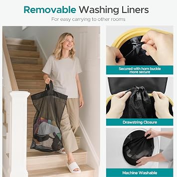JYPS 110L Laundry Basket with Lid, 2 Compartments Laundry Hamper with Wheels and Handle, Removable Washing Baskets& 2 Side Bags, Oxford Fabric Laundry Bin for Dirty Clothes Storage, Bedroom,Laundry