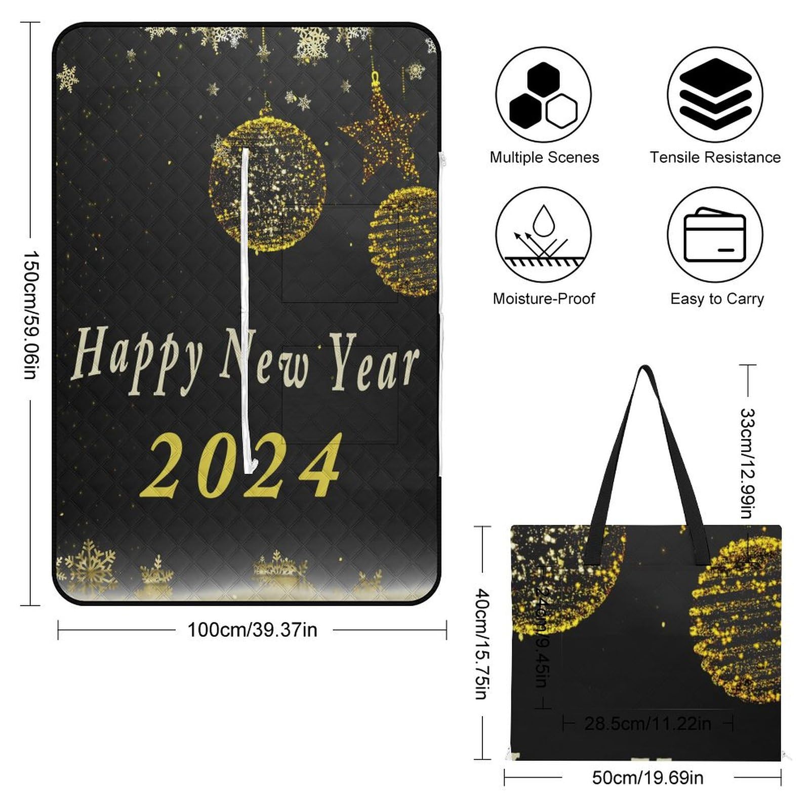 Happy New Year 2 Picnic Blankets,Portable Waterproof Foldable Picnic Mat,Sandproof Outdoor Mat for Park Picnic Blanket Accessories for Adults
