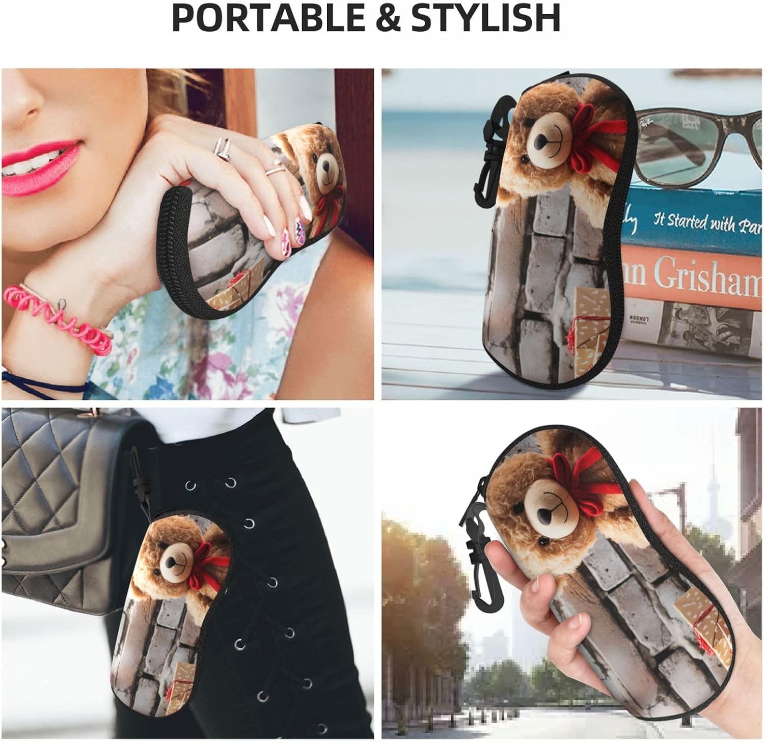 Cute Bear Valentine Gift Sunglasses Case, Hard EVA Shell Shockproof Sport Glasses Case with Carabiner Ultra Light Zipper Eyeglasses Holder Travel Glasses Storage Case for Men Women Outdoor