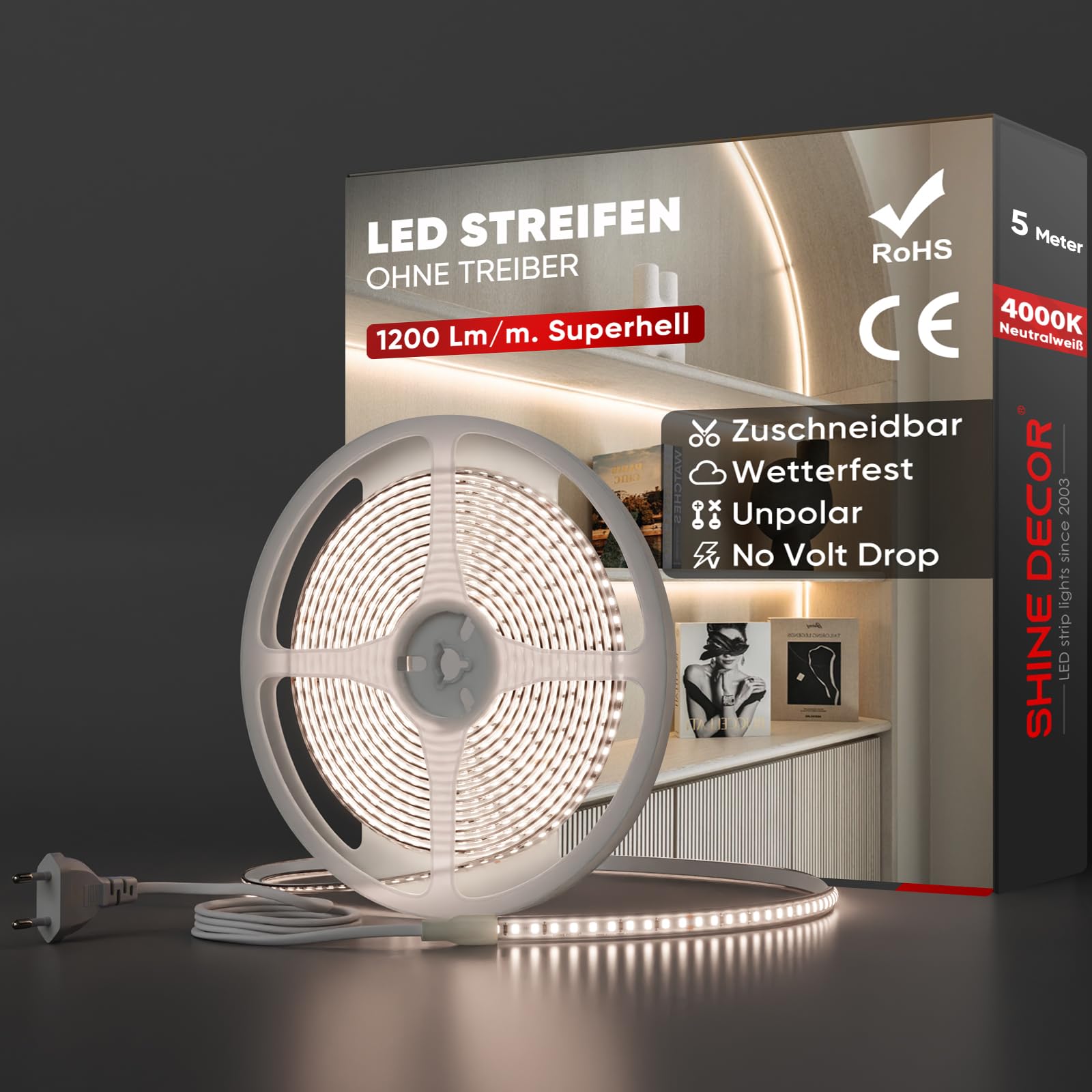 Shine Decor LED Streifen, AC 220V 230V IP65 Wasserdicht LED Band, SMD 2835 120 leds/m Ultrahohe Helligkeit Lichtleiste für Home Decoration Küche Garten LED Beleuchtung