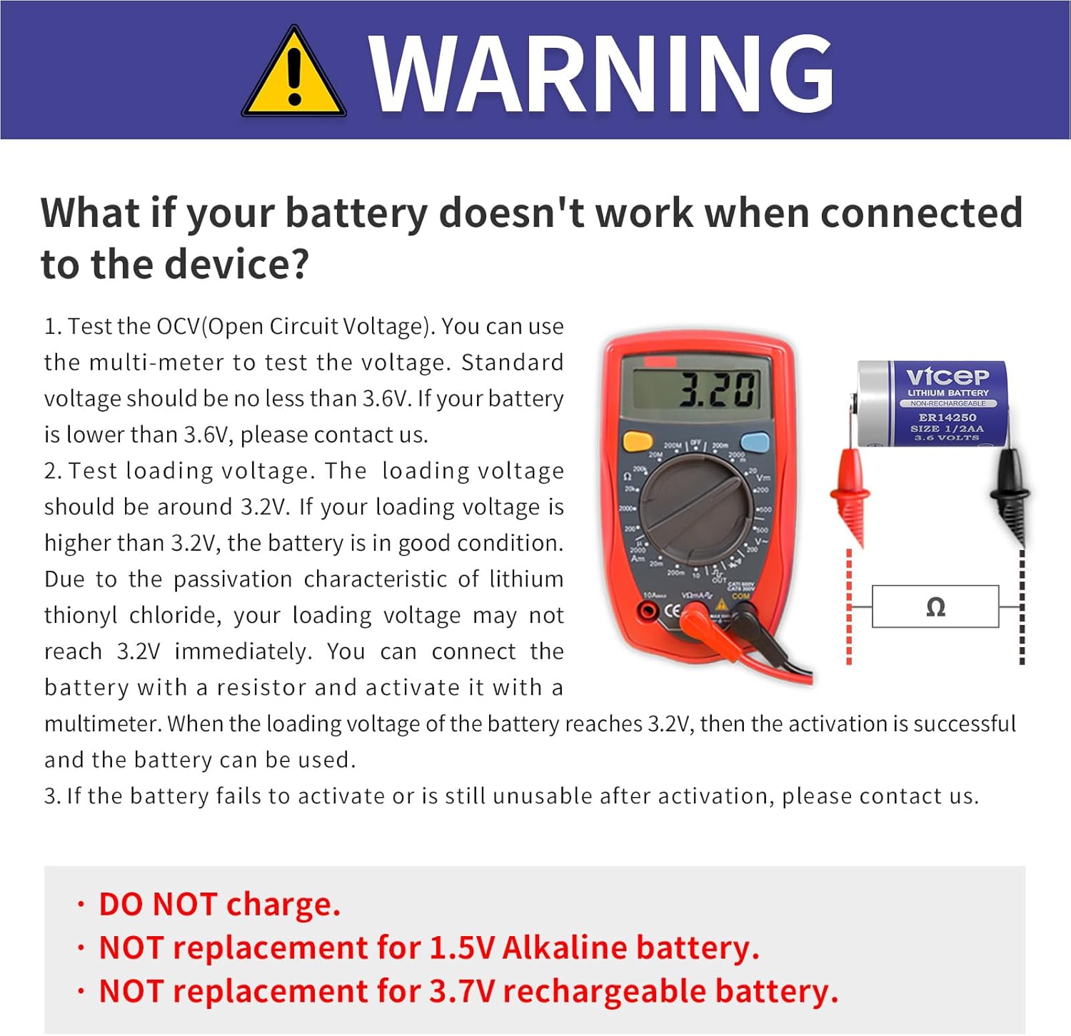 60-Pack ER14250 3.6V 1/2AA Lithium Battery LS14250 Li-SOCL₂ 1200mAh for Home Security System, Movement Monitor, Dog Collar, Meter Reading System, Non-Rechargeable