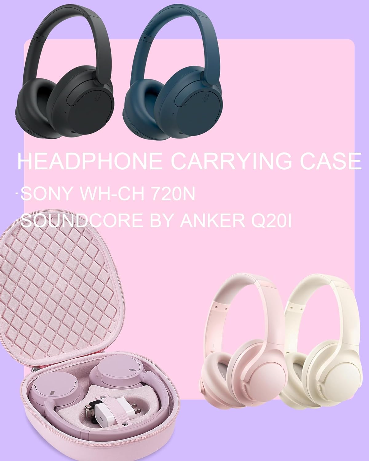 Headphone Case for Sony WH-CH720N Soundcore by Anker Q20i, Hard Portable Over Ear Headphone Carrying Case, Wireless Headphone Storage Protective Case for Travel Home (Pink) - Image 2