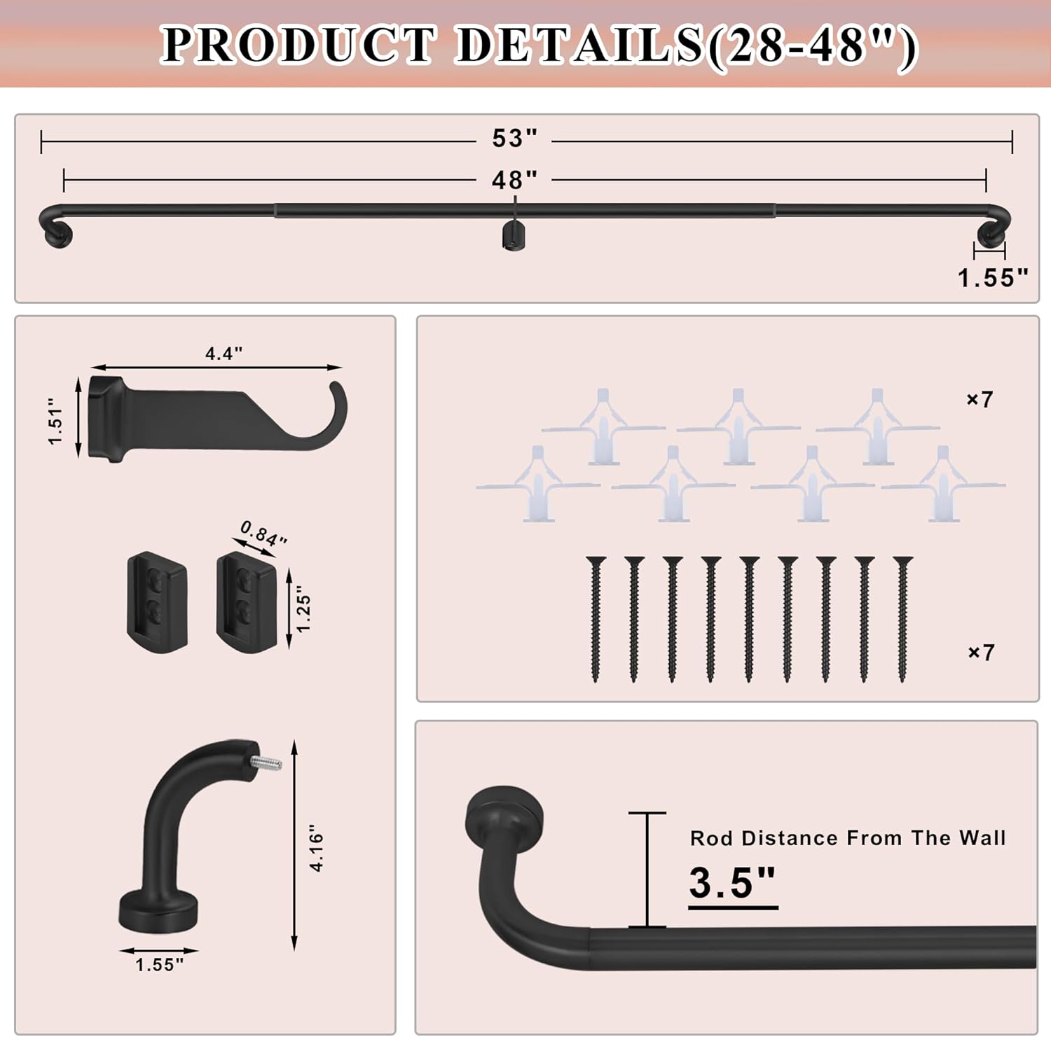 Black Curtain Rods 2 Pack,1 Inch Disc Curtain Rods for Windows 28 to 48",Blackout Wrap Around Curtain Rod with Aluminum Finials and Brackets,No Screw Disassembly Adjustable Curved Curtain Rod