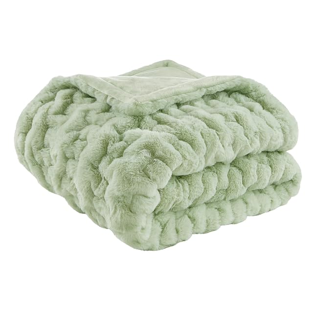 Madison Park Madison Park Ruched Fur Throw Faux Fur Blanket, 50" x 60", Sage Green | Luxury, Premium, Soft Cozy Brushed Long Pile, All Season Plush Modern OEKO- TEX Certification Warm For Bed, Couch or Sofa, Sage Green, 50x60"