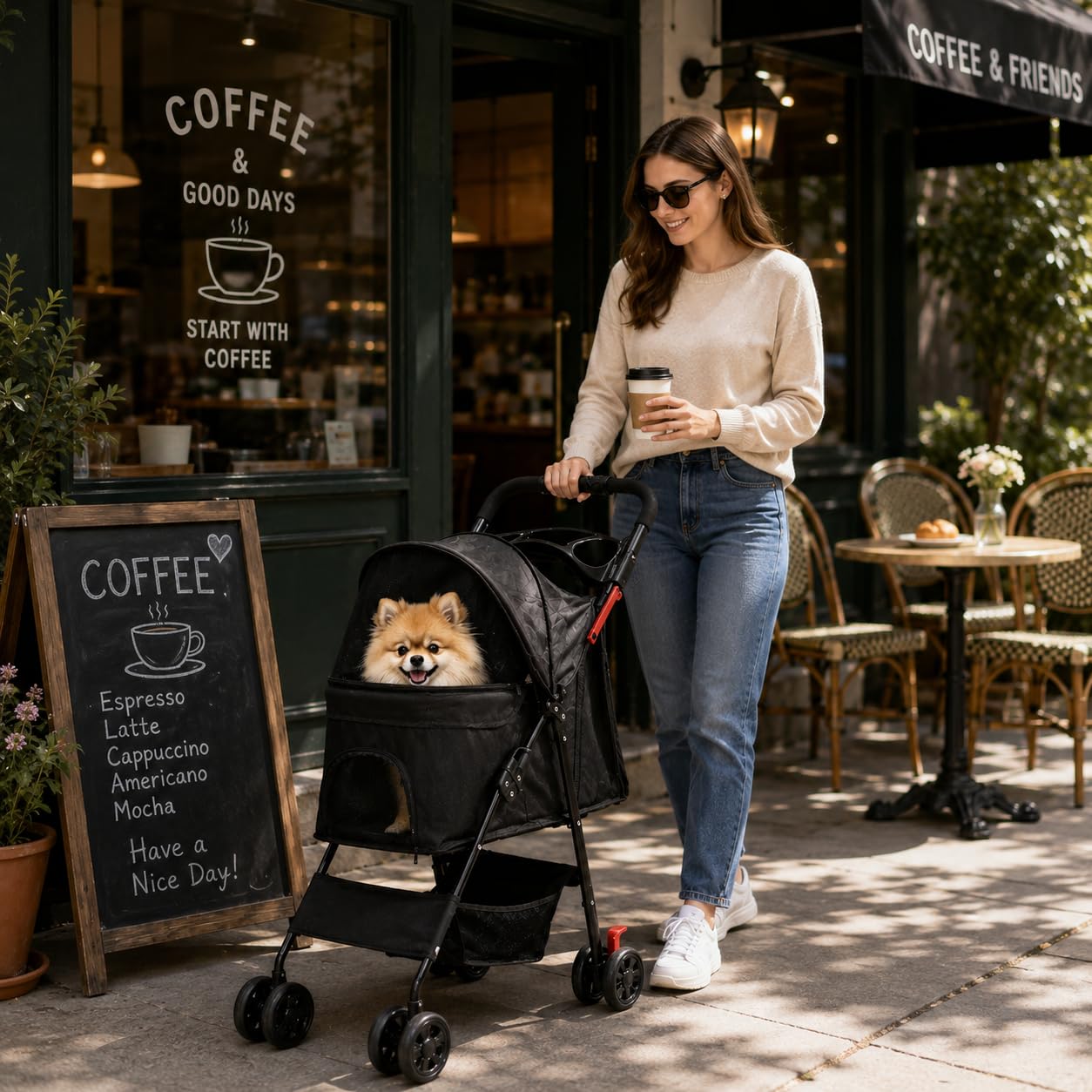 Dog Stroller for Small Dogs, Pet Stroller with 4 Wheels, Foldable Dog Strollers for Small Dogs & Cats, Cat Stroller with Storage Basket, Breathable Mesh, 360° Wheels & Rear Brakes Black