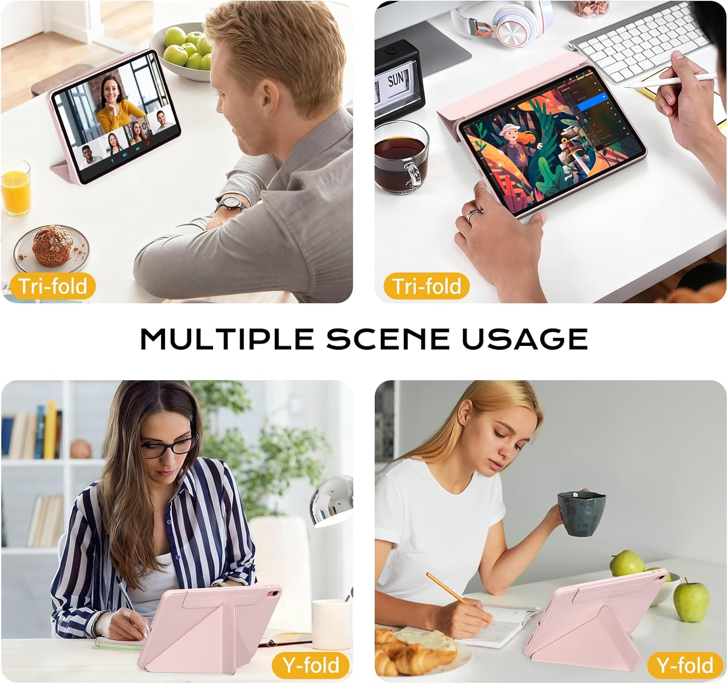 Clear Case for iPad Air 11 inch M4/M3/M2 & 10.9in iPad Air 5th/4th Gen with Pencil Holder (Support Pen Charging), Detachable Magnetic Transparent Hard PC Back, Auto Wake/Sleep, Trifold & Y Stand, Pink