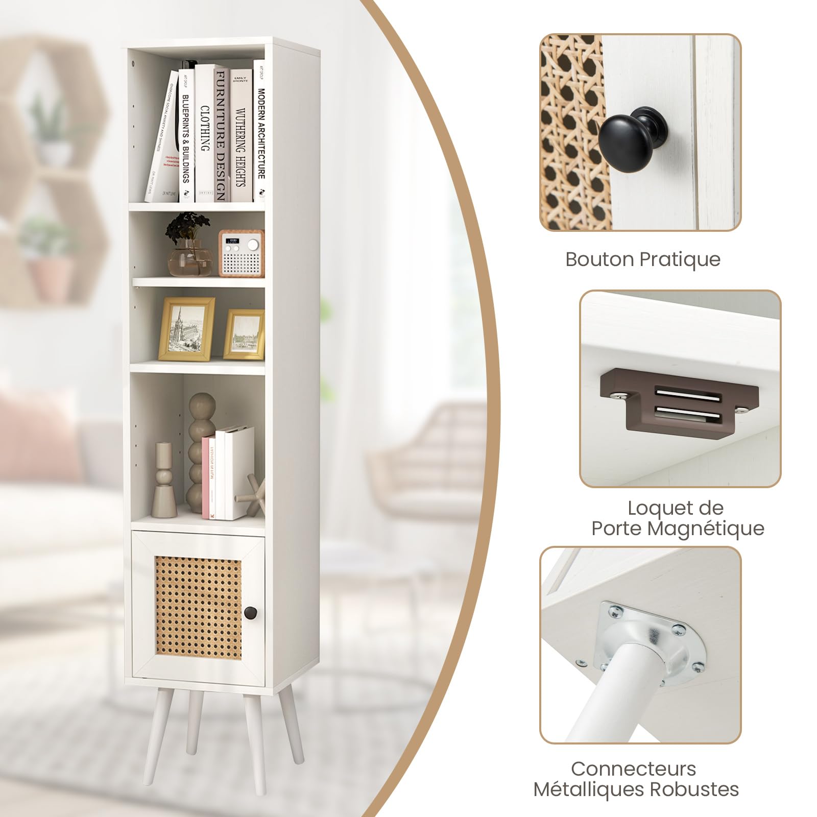 COSTWAY Meuble Colonne de Rangement avec Porte Rotin et Pieds en Bois Massif, Meuble de Salle de Bain Étagère Réglable, Style Bohème, pour Salon, Cuisine, Chambre, 29,5x29,5x137cm (Blanc)