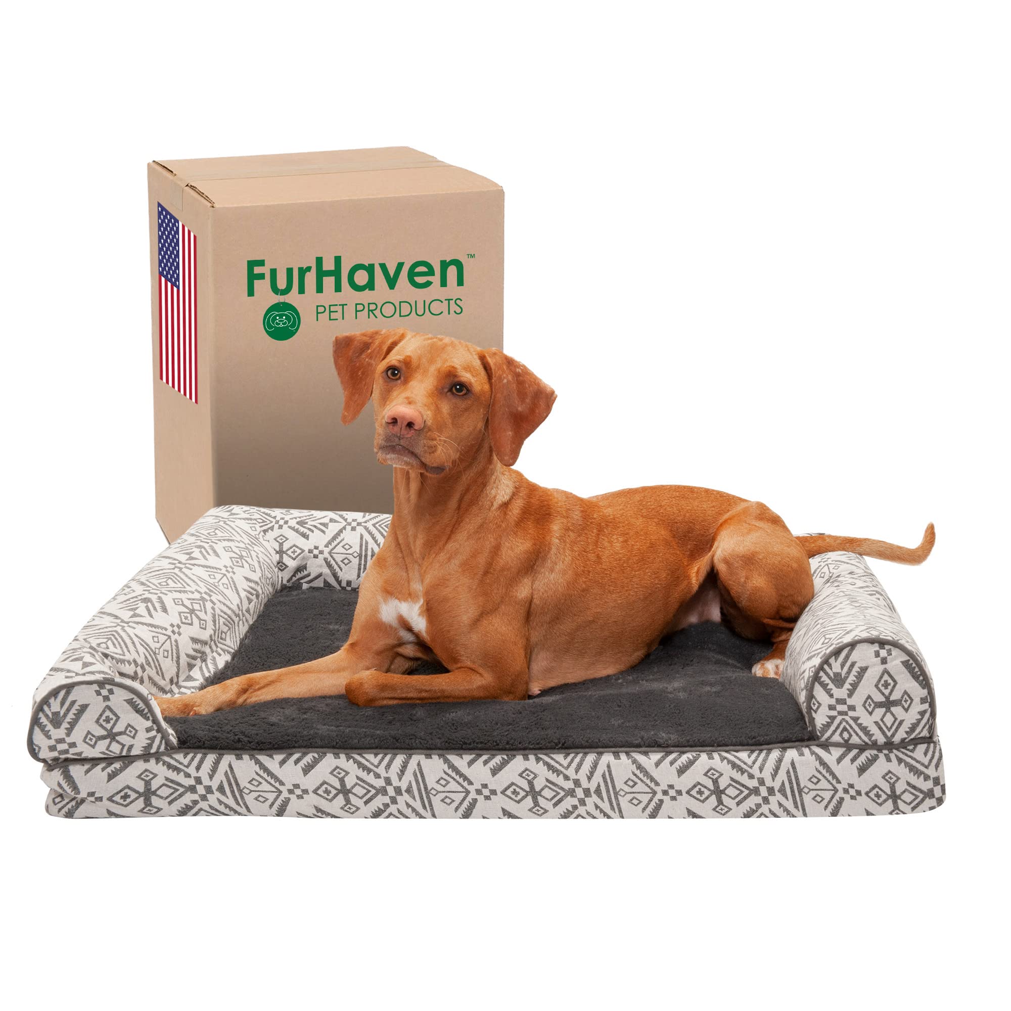 FurHaven Cama Grande de Espuma de Gel refrescante para Perro, de Felpa y decoración Kilim del suroeste Estilo sofá con Funda extraíble Lavable, Color Gris Roca, Grande