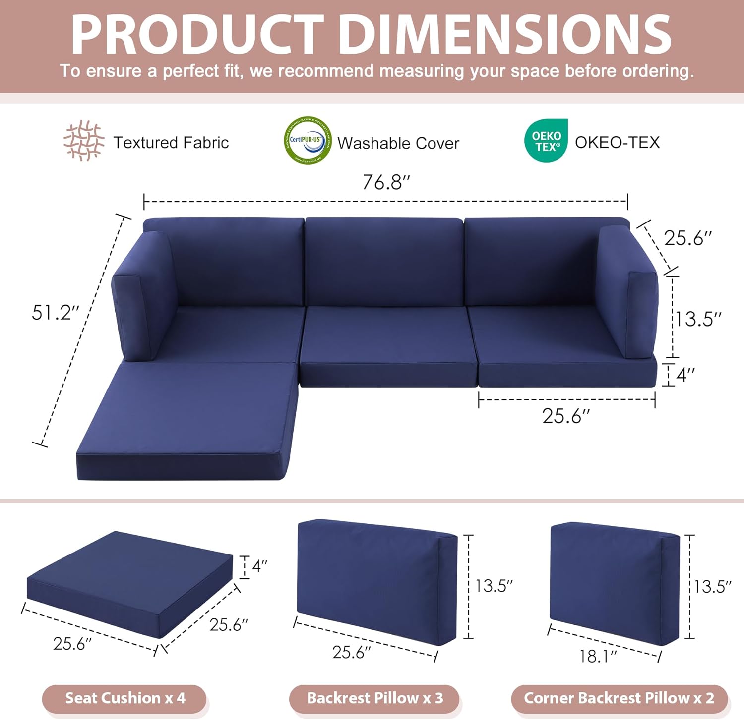 (incomplete only 2 piece) patio furniture cushions set, replacement outdoor cushions for 4-seat patio sectional, waterproof & fade resistant deep seat cushion for outdoor sofa, navy blue navy blue 9pcs