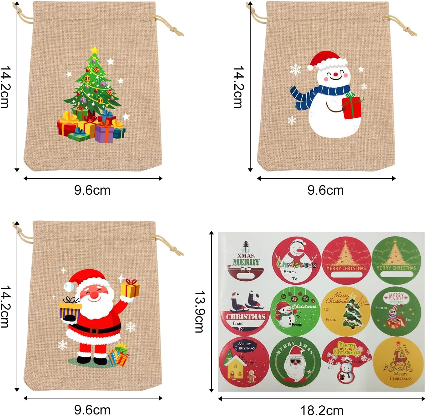 14-Pack Christmas Bag with 2 PCS Christmas Stickers, Christmas Candy Bag, Burlap Mini Bag, Gift Bag with Drawstring - Image 3