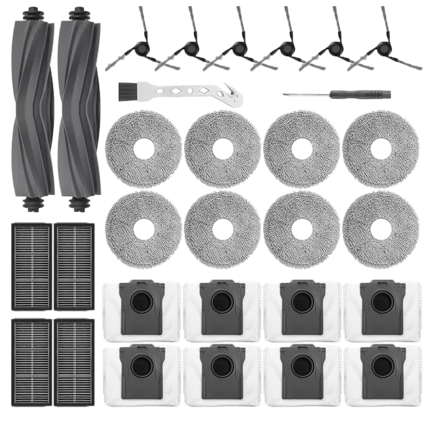 Części zamienne do odkurzacza Dreame Mova e40 ultra/MOVA E40 Ultra /Mova E30 Ultra / Trouver E30 Ultra Robot odkurzający, w tym 2 szczotki główne, 6 szczotek bocznych, 4 filtry, 8 worków na kurz, 8