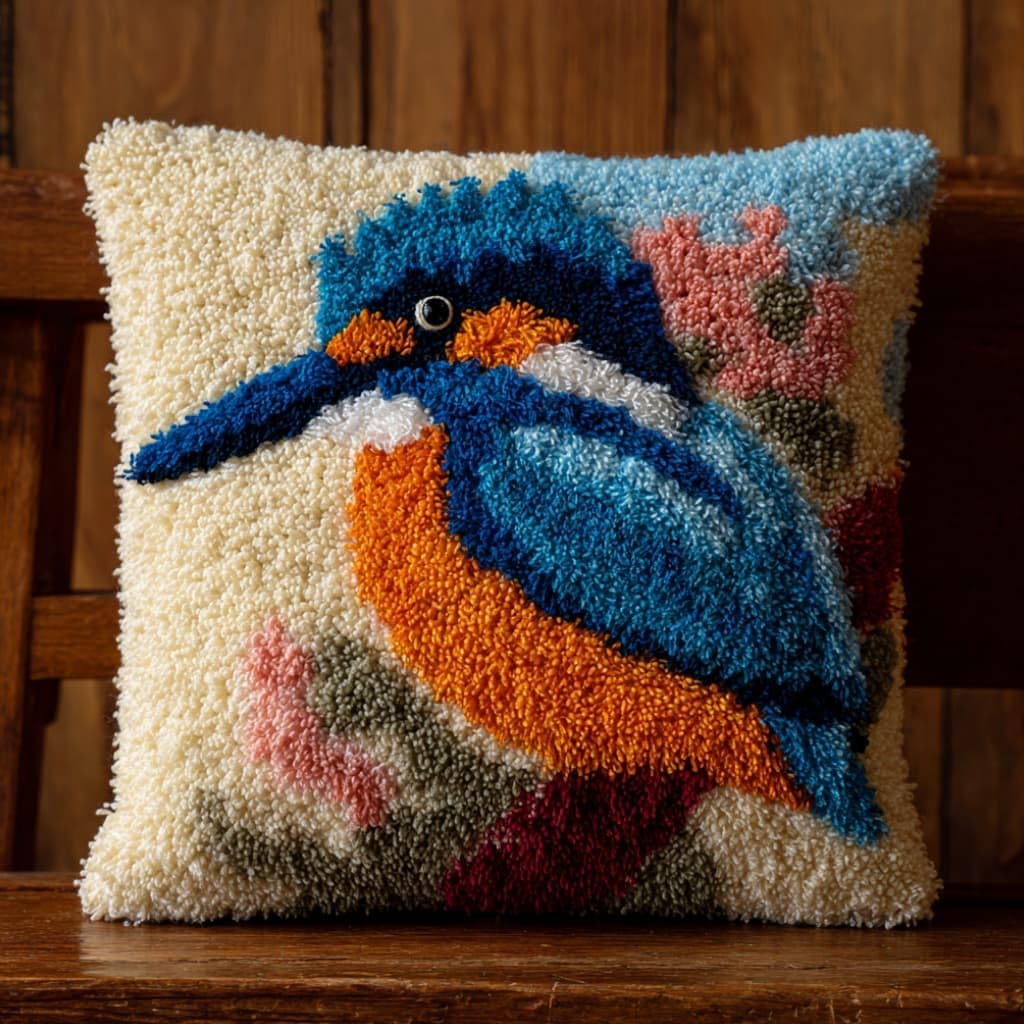 Taxpy DIY Latch Hook Pillow Kit Pre-Printed Hook and Latch Rug Kits Bird 17X17 Inch.Cross-Stitch Embroidery Cushion Cover for Home Sofa Decoration