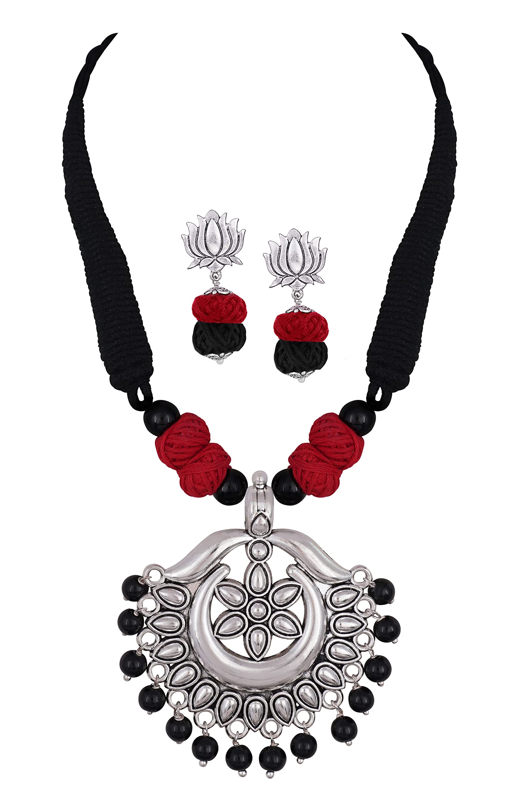 JFL - Jewellery for Less German Oxidised Silver Floral Pendant Beaded Cotton Balls Handcrafted Necklace Set with Adjustable Thread for Women & Girls.(Black, Red),Valentine (B0BQ7J89KZ) Amazon Price History, Amazon Price Tracker