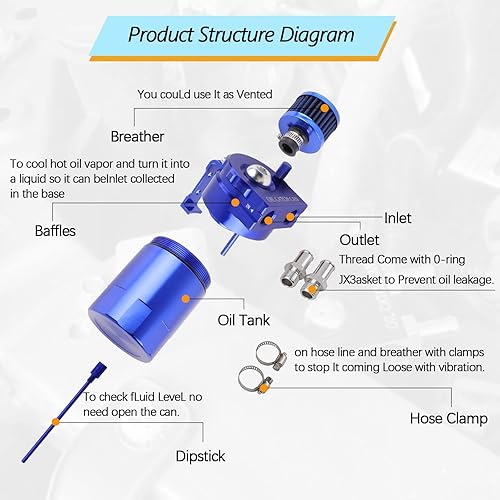 Miniatura 6 de Tanque universal de aceite para atrapar la lata, separador de aceite de aluminio con filtro de respiradero de 10.1 fl oz (azul)