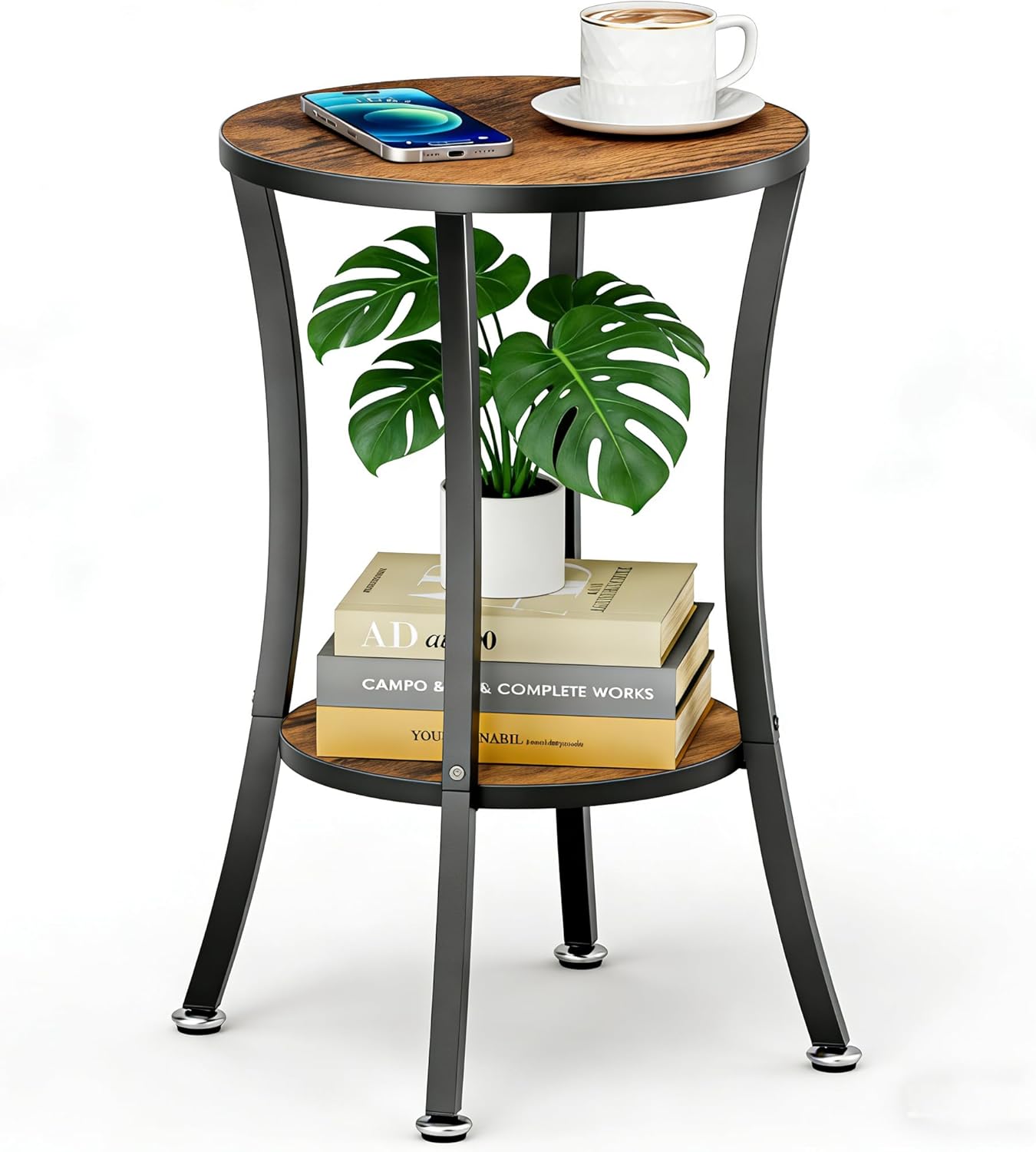 MISSLO Round 2-Tier End Table - Compact 13" Dia x 21.6" H Small Side Table Nightstand, Sturdy Metal Wood for Living Room Bedroom, Brown