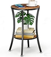 MISSLO Round 2-Tier End Table - Compact 13" Dia x 21.6" H Small Side Table Nightstand, Sturdy Metal Wood for Living Room Bedroom, Brown
